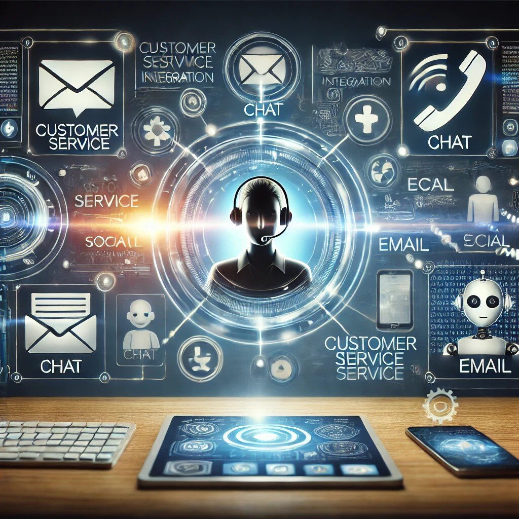 DALL·E 2025-02-25 11.47.55 - A digital illustration representing omnichannel customer service integration. The image features a futuristic interface displaying multiple communicat